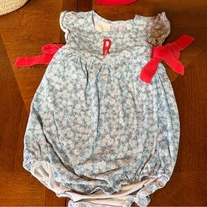 Letter R Blue Floral Baby Romper with Red Accents and Flowers